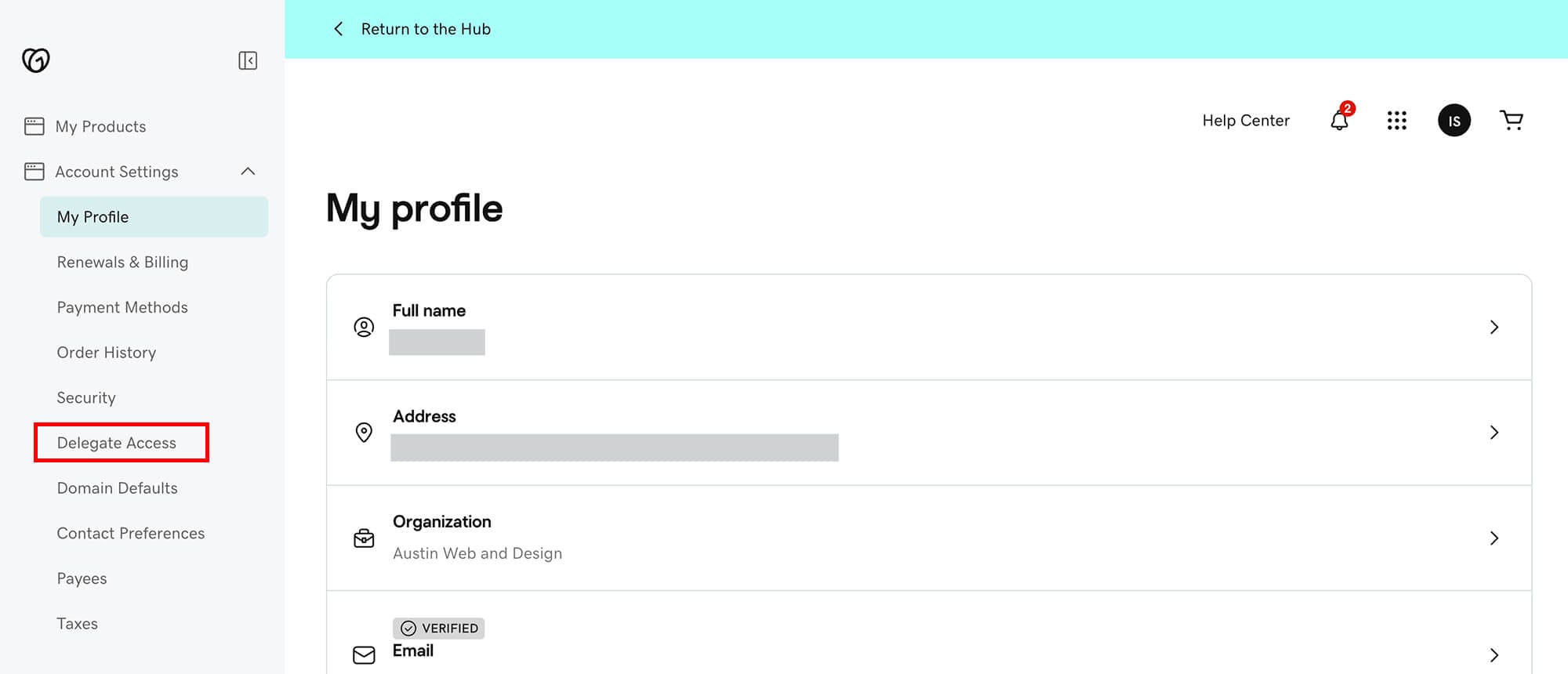 GoDaddy Account Settings menu with Delegate Access highlighted