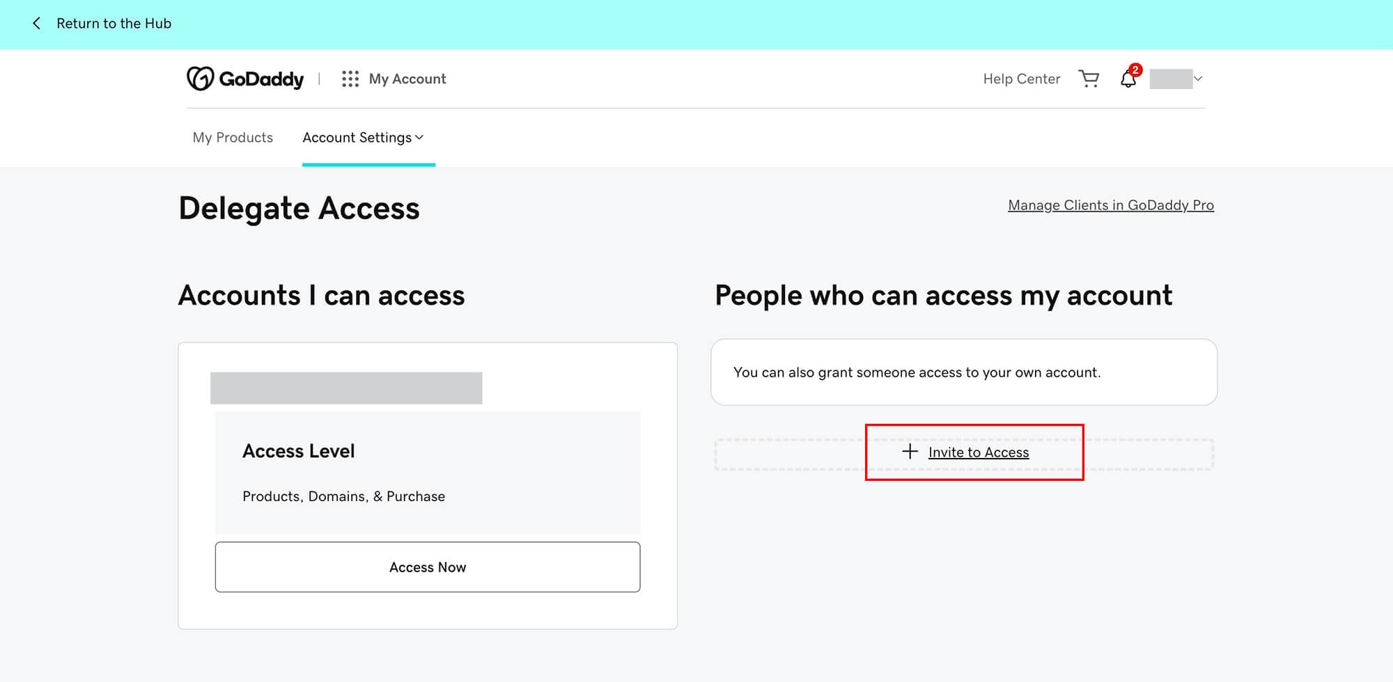 GoDaddy Delegate Access page with Invite to Access highlighted