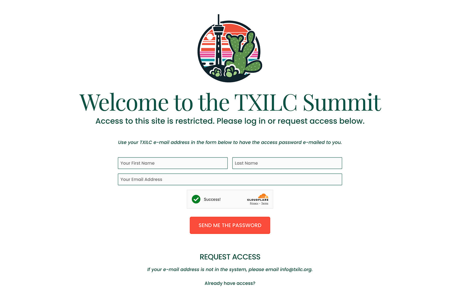 Texas Immigration Law Council Summit homepage with password-protected access prompt