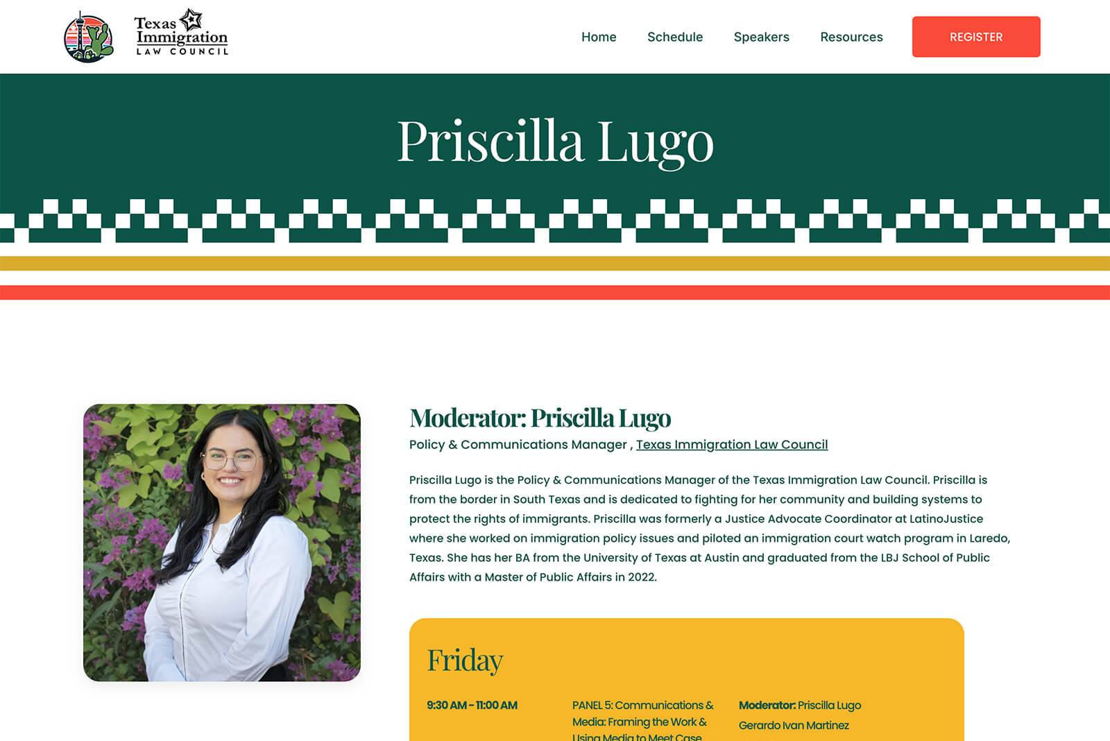 Detailed speaker bio with session links, photo, and downloadable resources