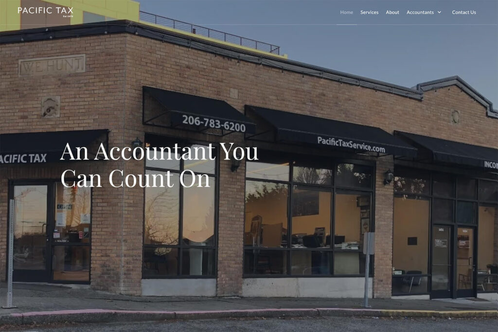 Webflow homepage design for Pacific Tax Service, a Seattle-based accounting firm featuring tax services, team highlights, and contact call-to-action