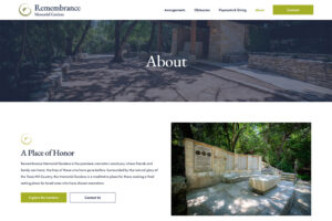 Austin Web and Design about page for memorial gardens highlighting mission peaceful setting and Texas Hill Country location