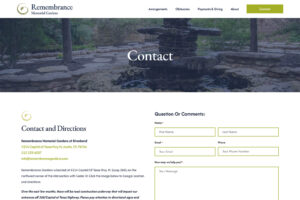 Austin Web and Design contact page design for Remembrance Memorial Gardens with location details and inquiry form in Austin TX