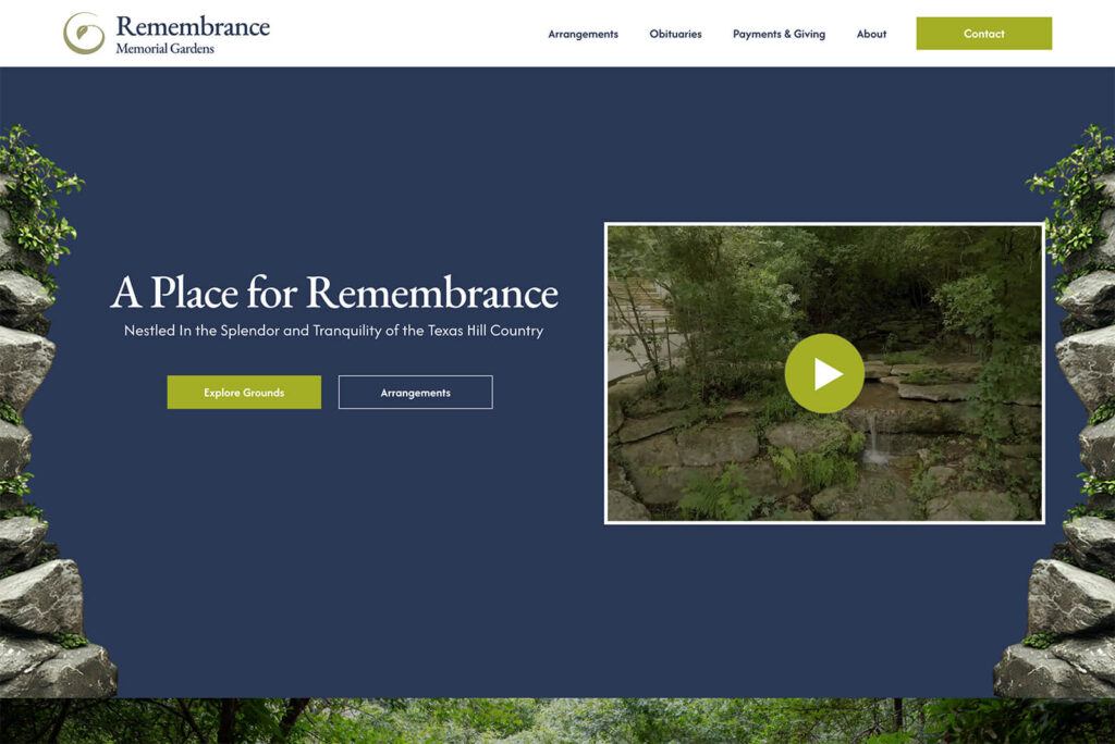 Austin Web and Design cremation memorial gardens website homepage design in Austin Texas featuring peaceful Hill Country landscape and navigation