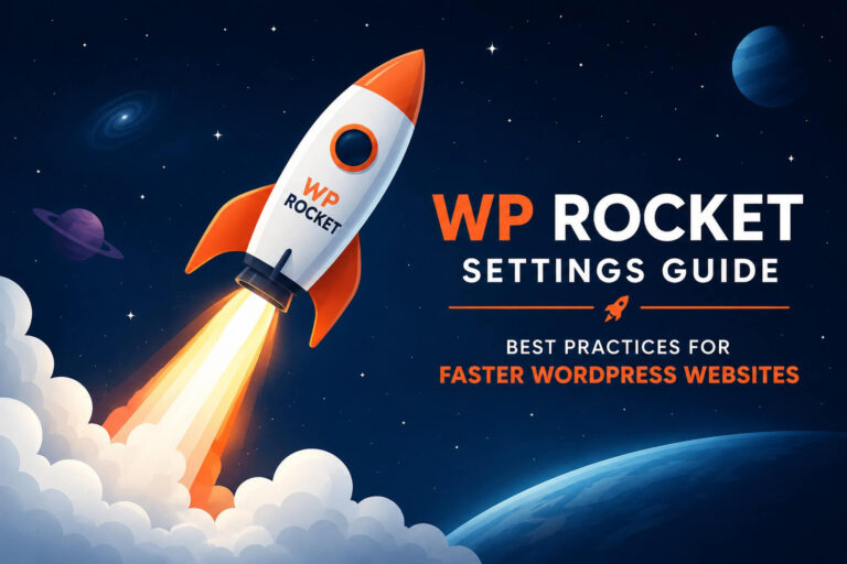 Vector rocket launching into space representing WordPress website speed optimization with WP Rocket settings and best practices.