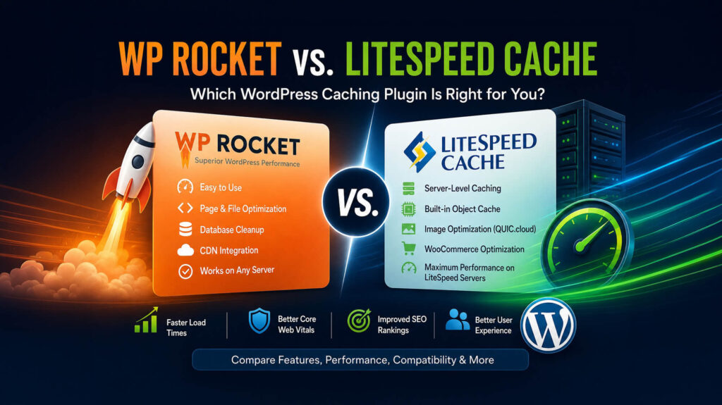 Comparison of WP Rocket and LiteSpeed Cache showing the differences between the two WordPress caching plugins and when to use each based on your hosting environment.