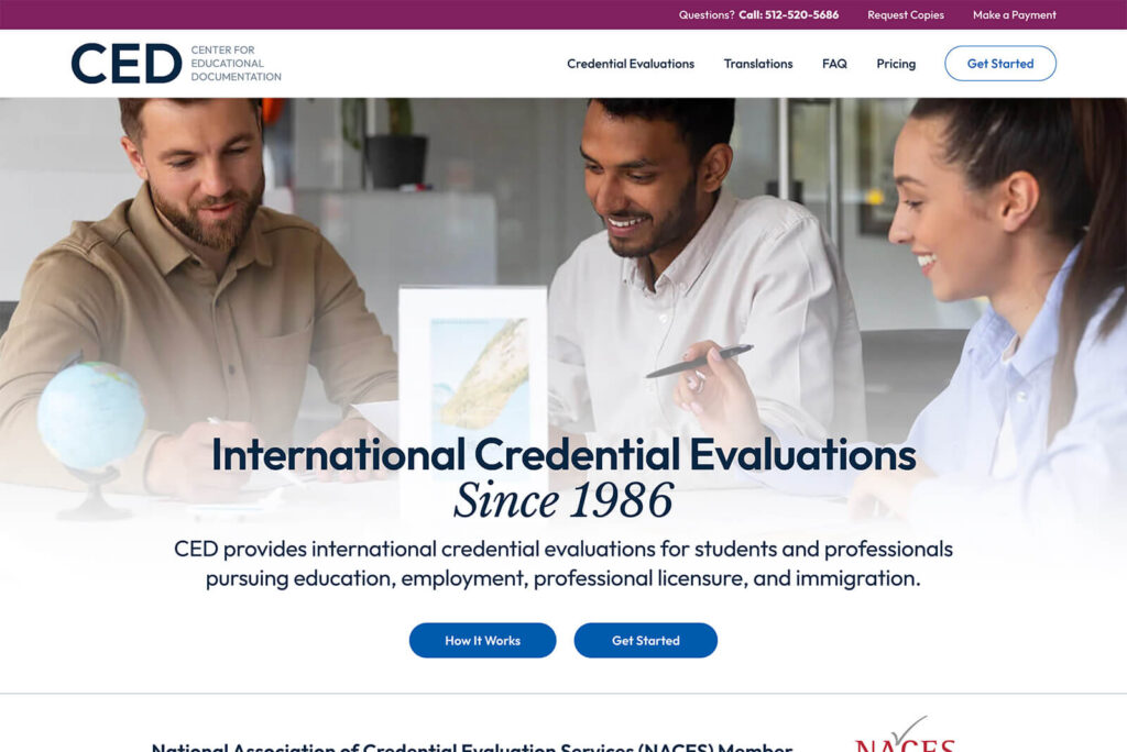 CED homepage design with a group photo, credential evaluation introduction, and How It Works and Get Started buttons.