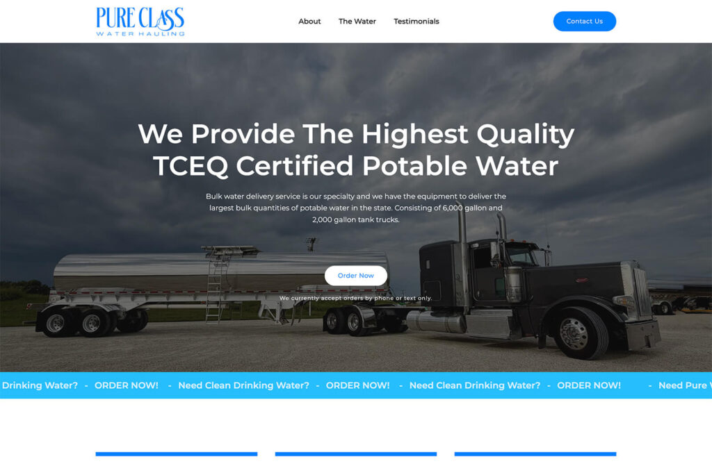 Pure Class Water Delivery homepage featuring bulk water delivery services